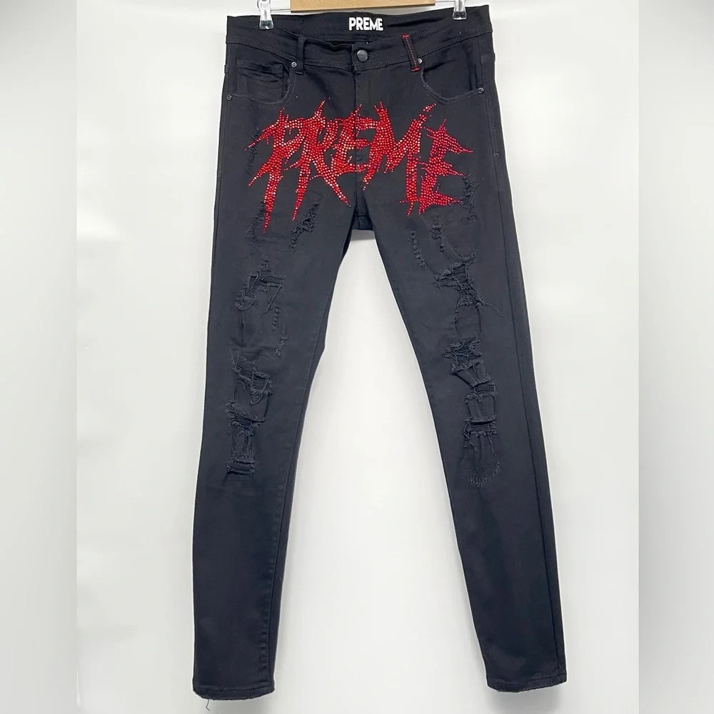 Preme Jeans Men’s Size 36x33 Black Distressed with Red Bedazzled Logo Grunge